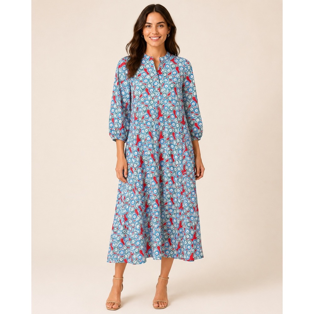 Tuckernuck Womens Medium Poppy Bloom Maryse Caftan Floral Cotton Red Blue Dress